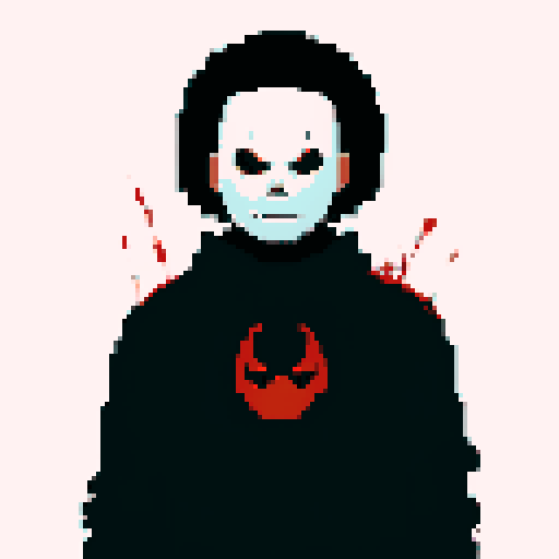 Michael Myers, dark silhouette, looming presence, blood-red eyes, pixelated horror, sRGB color palette, chilling atmosphere, knife-wielding figure