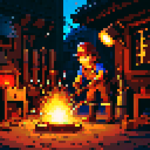blacksmith hammering red-hot metal, sparks flying, anvil and tools nearby, vintage pixelated graphics, vibrant sRGB colors