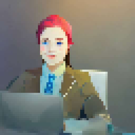 "Stylish girl in modern office blends landscape and portrait art styles in her design, surrounded by sleek technology and vibrant colors."