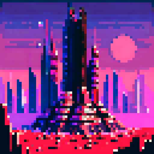 Mars Building with towering, futuristic skyscrapers, bustling pixelated city, ARNE32 palette, otherworldly structures, pixel art, no details