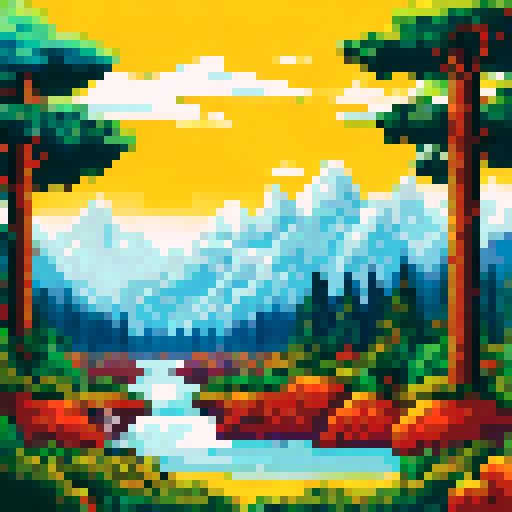 Snow-capped peaks towering over a forest of pine trees, with a river snaking through the foreground in a pixelated, sRGB-style landscape