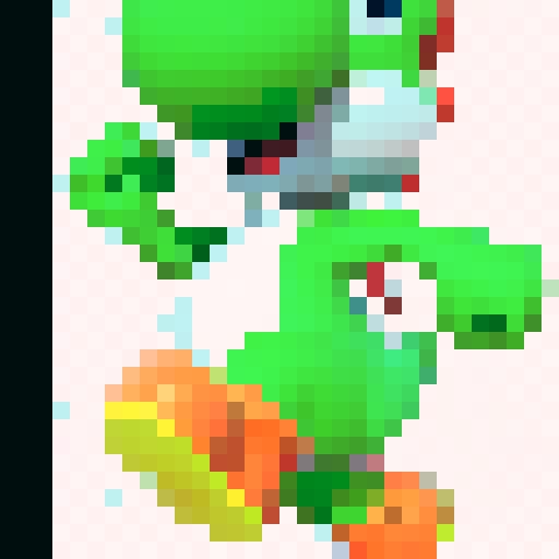Yoshi, game icon, 32x32 pixel art, sRGB, skill art, close up, portrait, vibrant green, cute,friendly smile animated expression, pixelated shading, bouncy demeanor, playful pose, iconic saddle, whimsical charm
