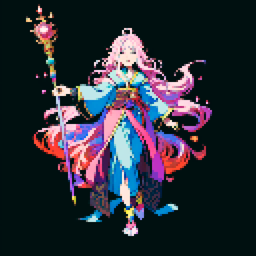 legendary anime girl wizard, long flowing hair, vibrant and dynamic colors, glowing magical staff, intricate and ornate robes, intense and focused expression looking to the right, not wearing shoes, sparkling and shimmering background, detailed and precise pixel art
