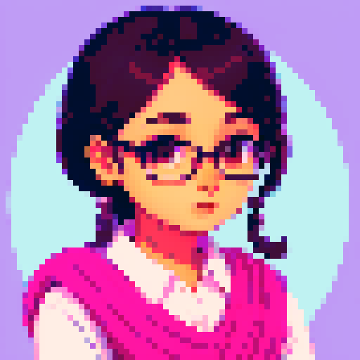 portrait, sprite art, young south asian woman, cozy, cute, soft eyes, smart, nerd
