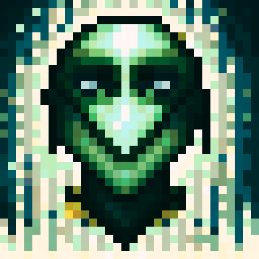 Ninja with green eyes, sharp portrait, dark theme, game icon style, 32x32 pixel art, sRGB, skill art, close up, portrait