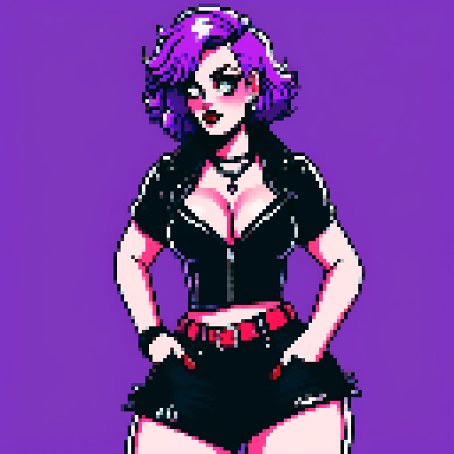 curvy, cute, busty greaser goth girl, with purple hair, black eyeshadow, red lipstick. Large breasts,  wearing bikini and studded collar. Posing in a sexy seductive glamour shot, whole head portrait, avatar photo. vibrant sRGB colors, pixel art, edgy aesthetic