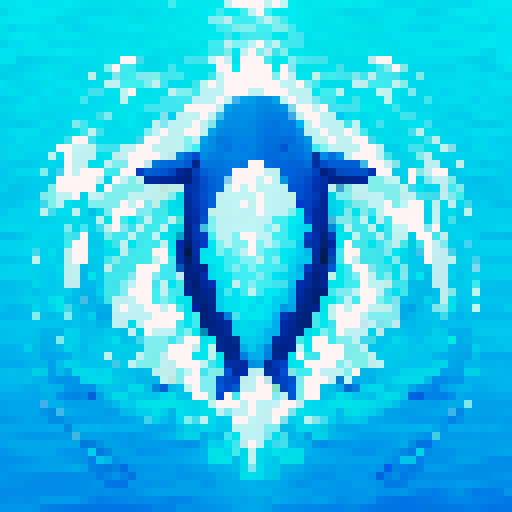 cute whale swimming in a vibrant, pixelated ocean with shades of blue and green