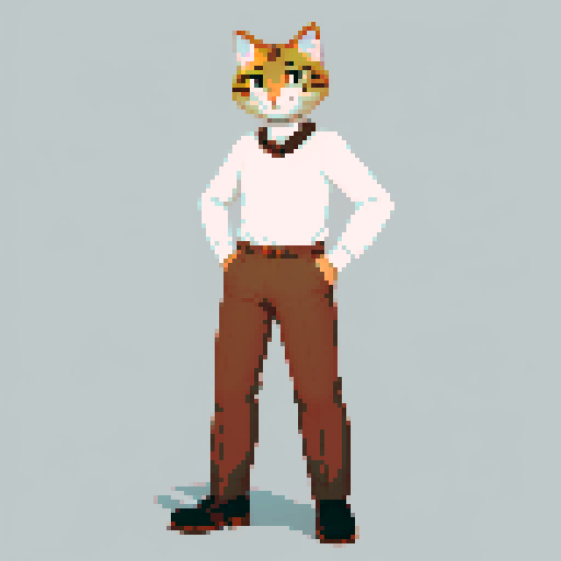 antropomorphic gray cat guy, smiling, brown pants