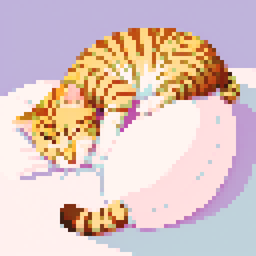 tabby cat, sleeping on white bed, curled up, fat cat