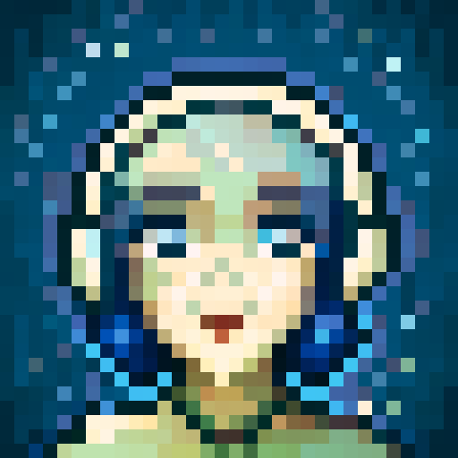 portrait avatar, woman with shoulder length dark hair, looking at the camera, blue palette, game icon style, 32x32 pixel art, sRGB, skill art, close up