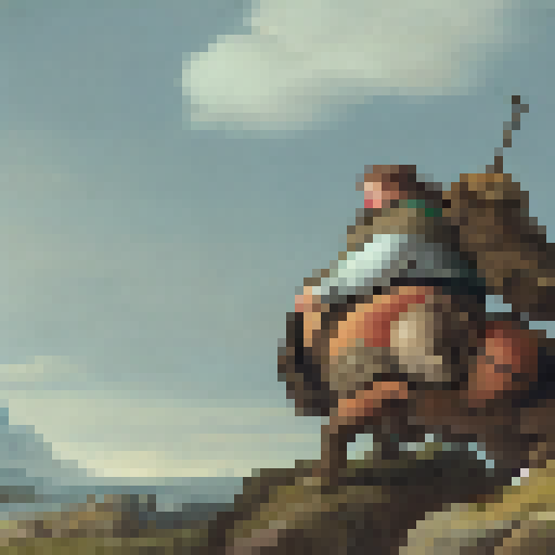 Bearded, portly man atop a majestic moose, traversing a sprawling landscape.