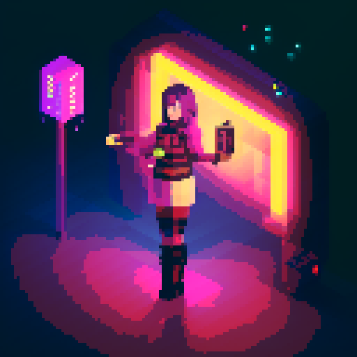 Street Mage anime girl with flowing hair, fluorescent tattoos, and a pixelated sniper rifle, navigating through a purple neon-lit night market and an sRGB glow
