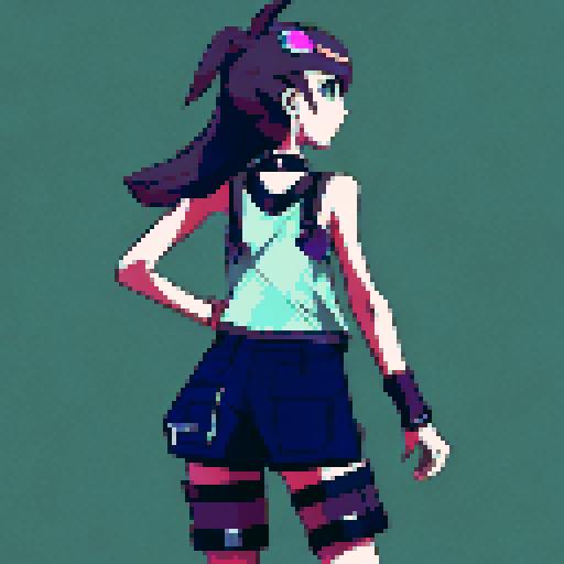 Full-body moody teenage girl with black short hair, wearing a purple tank top under a black leather jacket, torn shorts and stockings.