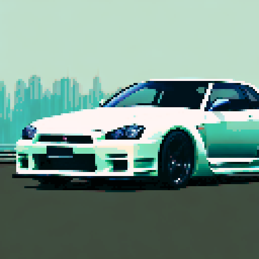 Photorealistic whole Nissan Skyline GT-R, three-quarter view, right front wheel, clean background, sRGB colors, pixel art style
