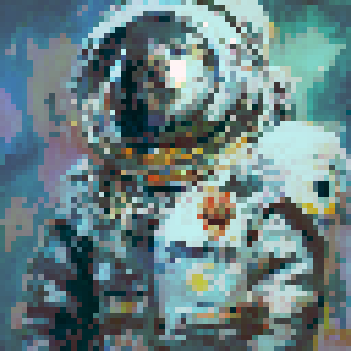 Androgynous astronaut in a clear helmet, sleek, futuristic sci-fi space suit adorned with intricate, metallic armor pieces reminiscent of a fantasy RPG, vibrant colors, fantasy RPG style