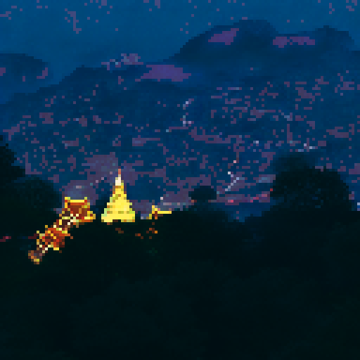 Night view, Thai yellow temple, On mountain, Night city below the mountain