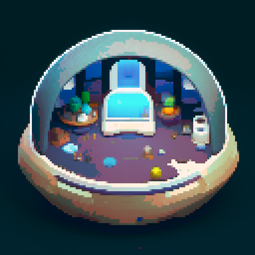 The interior of a small, rounded spaceship interior with smooth, curved walls. The top half is large windows in the back showing space. Like a gachapon. In the center is a cryo-pod with a sleeping human inside.