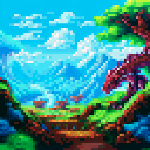 Armored knight on horseback charging towards a fiery dragon, with a sprawling mountain range and misty forest in the background