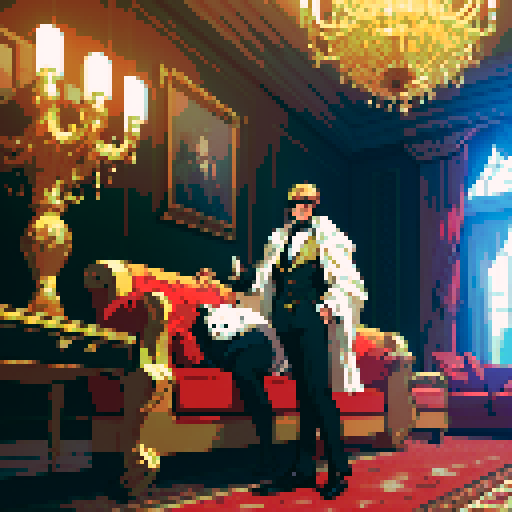 An 8-bit pixel art image featuring an anthropomorphic polar bear living a lavish lifestyle in an opulent mansion. The polar bear is dressed in a sleek tailored suit and stylish sunglasses, exuding wealth and confidence as he lounges on a plush velvet sofa in the center of a grand living room. The mansion's interior boasts intricate 8-bit details: a sparkling crystal chandelier hanging from the high ceiling, gold-plated accents on the furniture, and a roaring pixelated fireplace. To emphasize his