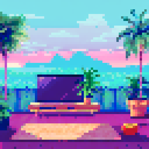 Living room with Tropical plants, vibrant colors, cozy furniture, natural light, palm tree wallpaper, pixelated patterns, retro television, sandy floor, wooden beams, rattan chairs, beach-inspired decor, sunset hues, scenic landscape, lush greenery, sRGB color scheme, pixel art details