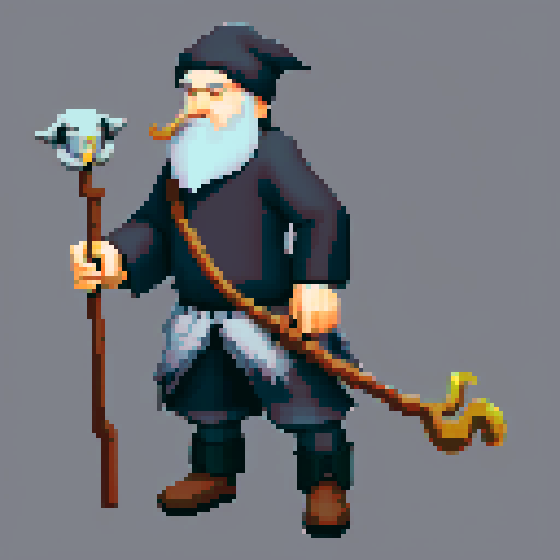 old antropomorphic raven druid with grey beard, with staff in hand