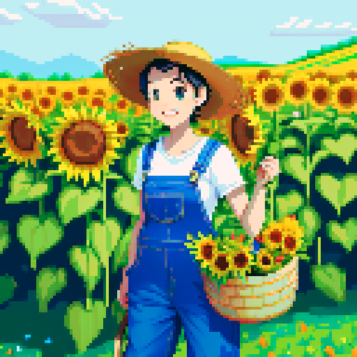 happy, female male farmer in pixel art style, black hair, surrounded by vibrant green fields, wearing worn-out denim overalls and a straw hat, holding a basket full of freshly harvested carrots and a bouquet of sunflowers, with a content smile on his face, standing next to a rustic wooden cart filled with colorful fruits and vegetables
