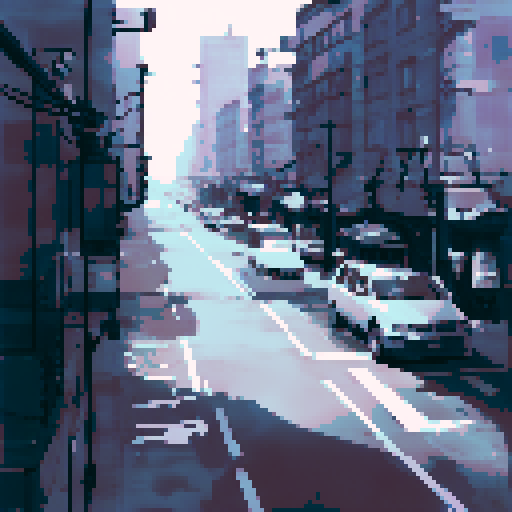 A city, subway, buses, skyscrapers, black and white