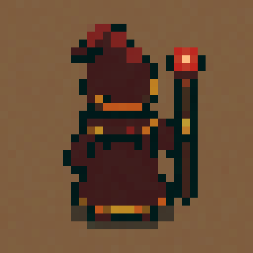 Up-facing sprite (back view) of a mage in dark red robes with golden trims, solid color background