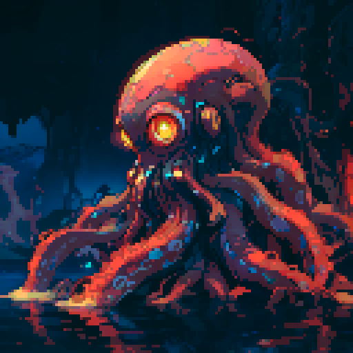 Squid, vibrant colors, underwater landscape, delicate tentacles, swirling patterns, pixelated details, sRGB, captivating art style