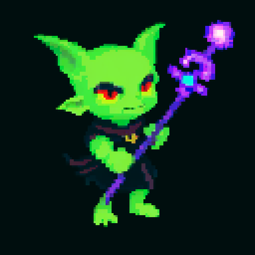 A dark and powerful goblin with arcane symbols, a mystical staff, and an aura of dark magic. It has glowing eyes and a sinister expression, capable of casting powerful spells. No background.
