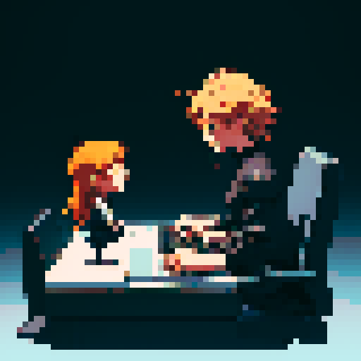 Create a pixel art image in a lofi style featuring two simplified human figures sitting at a shared desk with a retro computer on it. The figures should appear as silhouettes with soft outlines, collaborating on the computer. The background should be entirely black, emphasizing the objects and the teamwork theme. Use a minimalist design with muted colors, focusing on the desk, computer, and two characters to symbolize collaboration.