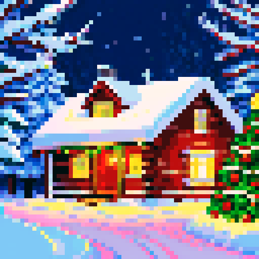 christmas malamute, snowy landscape, cozy log cabin, twinkling fairy lights, pixelated snowflakes, vibrant red and green ornaments, sRGB color palette