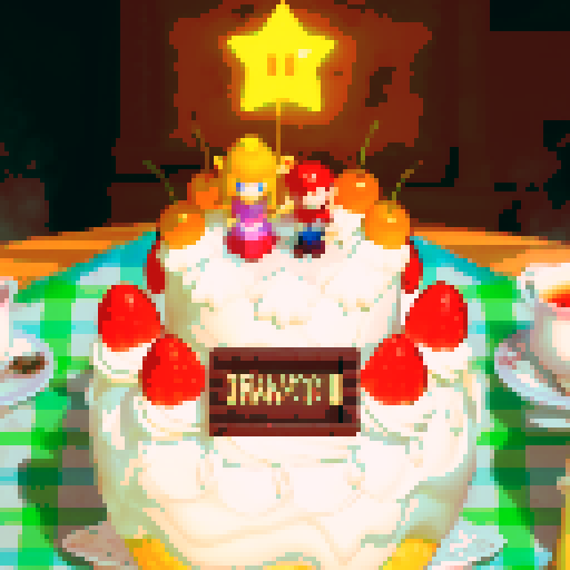 Cake with strawberries and cherries, two figurines on top, star, tea on side