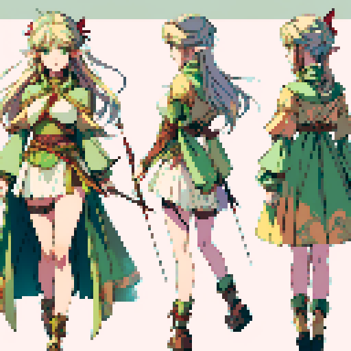 JRPG game charater design ,a female 
elf with gold hair, green eyes , job class archer wearing leather armer , hoding an ancient bow carring arrows on her back ,age around 18