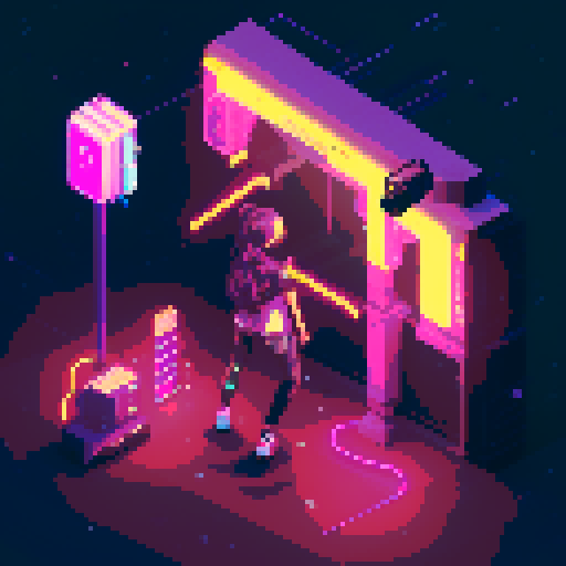 Street Mage anime girl with flowing hair, fluorescent tattoos, and a pixelated sniper rifle, navigating through a purple neon-lit night market and an sRGB glow

