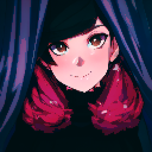 A brown-haired girl with brown eyes smiles as she stands amid blue curtains in a black dress and floating cherry blossom petals