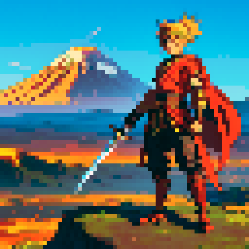 Anime warrior on an adventure with a volcano in the background. The warrior is holding a sword. 