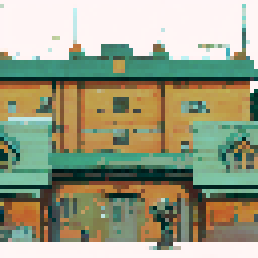 "Rustic military barracks with towering brick walls and a weathered metal roof, surrounded by lush greenery and a dusty training field, rendered in a gritty, hand-drawn style."