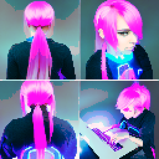 Cybernetic pink-haired hacker girl with a glowing neon visor, typing furiously on a holographic keyboard while her sleek black cat lounges on her lap