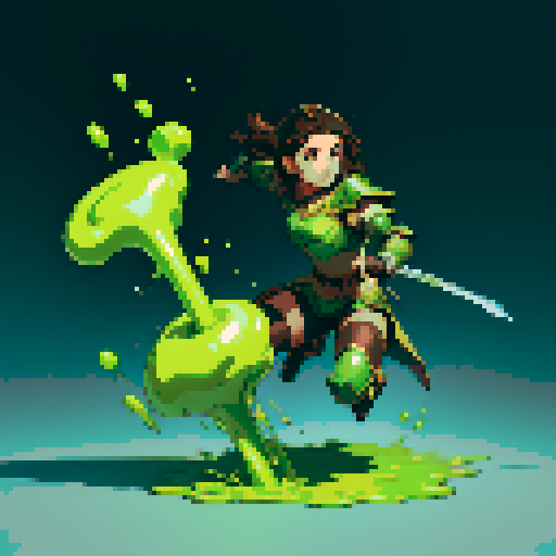 slime slamming into a hero, impact, splattering, full-body image, hero has brown hair and metal armor, slime is green