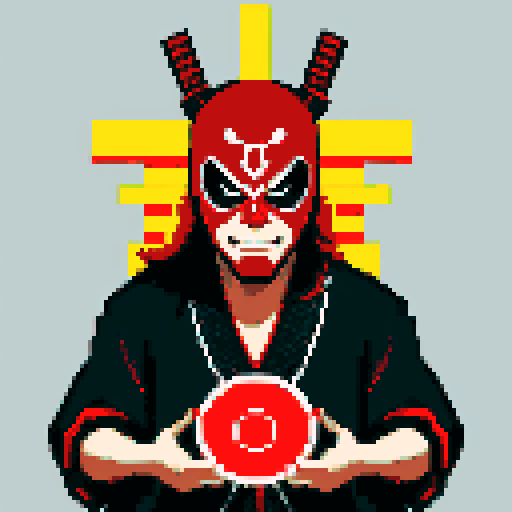 A DJ performing, with a samurai mask and blood