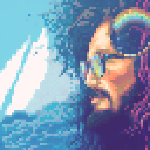 long-haired, eccentric, artistic man with vibrant, neon-colored locks, wearing retro, round sunglasses, against a pixelated, sRGB background depicting a surreal, dreamlike landscape