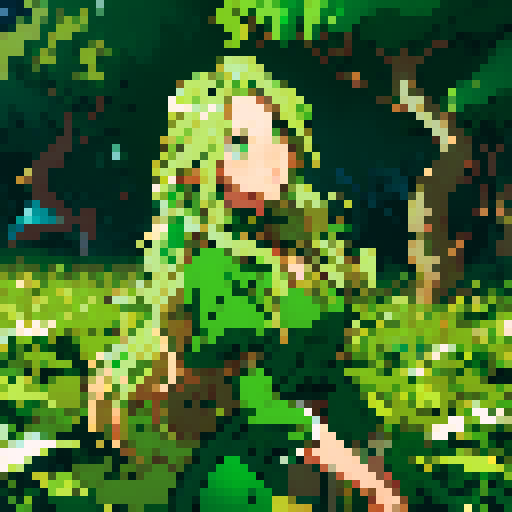 Renaissance era farmer with emerald green eyes, flowing golden hair, and rough hands, encased in shimmering crystalline vines, in a pixel art style with rich sRGB colors