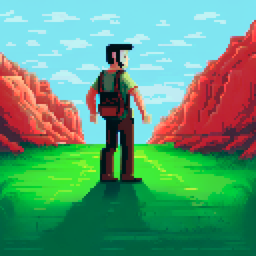 human in brown pants with belt, green shirt, non-realistic