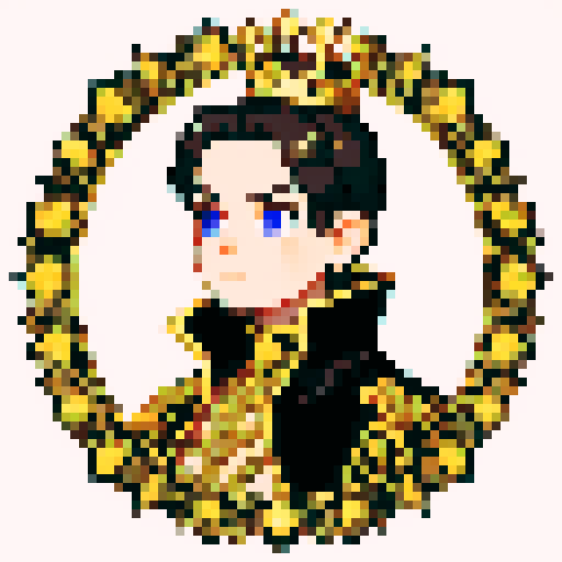 prince, regal, metall crown, black crown, majestic, sharp features, golden accents, royal robe, intricate embroidery, game icon, 32x32 pixel art, sRGB, skill art, close up, portrait