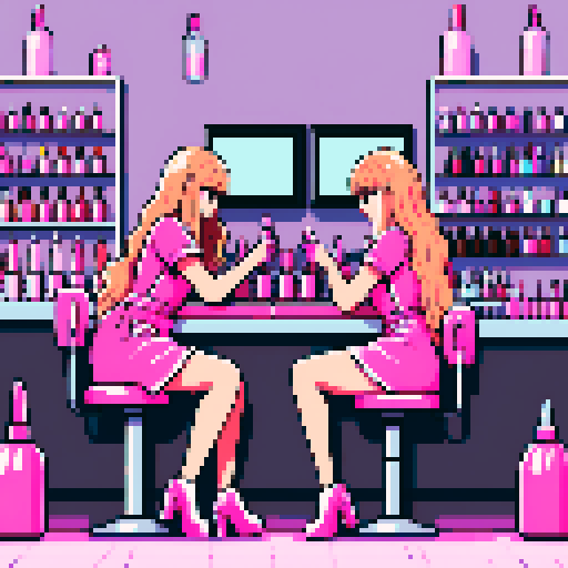 A nail tech with long blonde hair wearing a pink apron and a girl with brown hair sitting and facing each other in a nail salon. Nail polish bottles and UV lamps