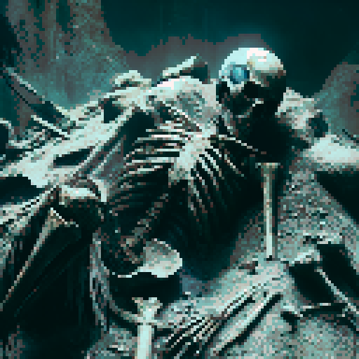 Dead character, adorned in rusty, battle-worn armor, lying amidst the eerie shadows of a menacing dungeon, surrounded by ancient bones and remnants of a forgotten fantasy RPG world