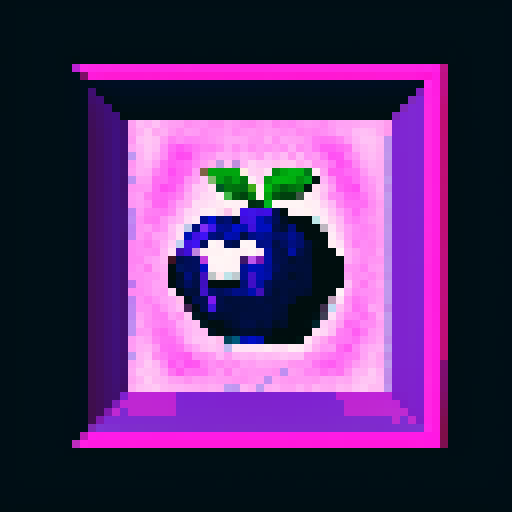 blueberry art frame, purple, pixelated fruits in vibrant colors, void inside, dark background, sRGB
