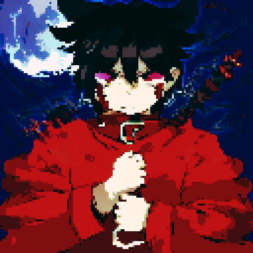 Male half-demon warrior, short black hair, captivating fusion of dark and fiery elements, red eyes reflecting fierce determination and vulnerability, attire blending traditional and modern influences from human and demon, character portrait, anime style, pixel art, close-up