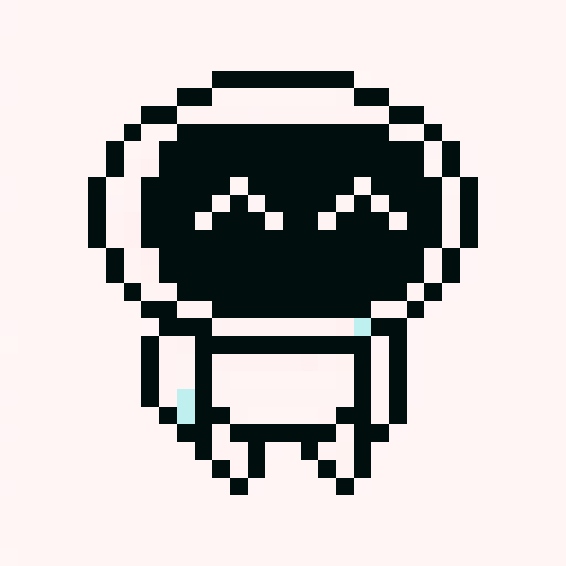 Black and white, round, rosy-cheeked robot smiling contentedly with big, bright eyes, crafted in charming 32x32 pixel art, highlighting its endearing, skillful design for a game icon.